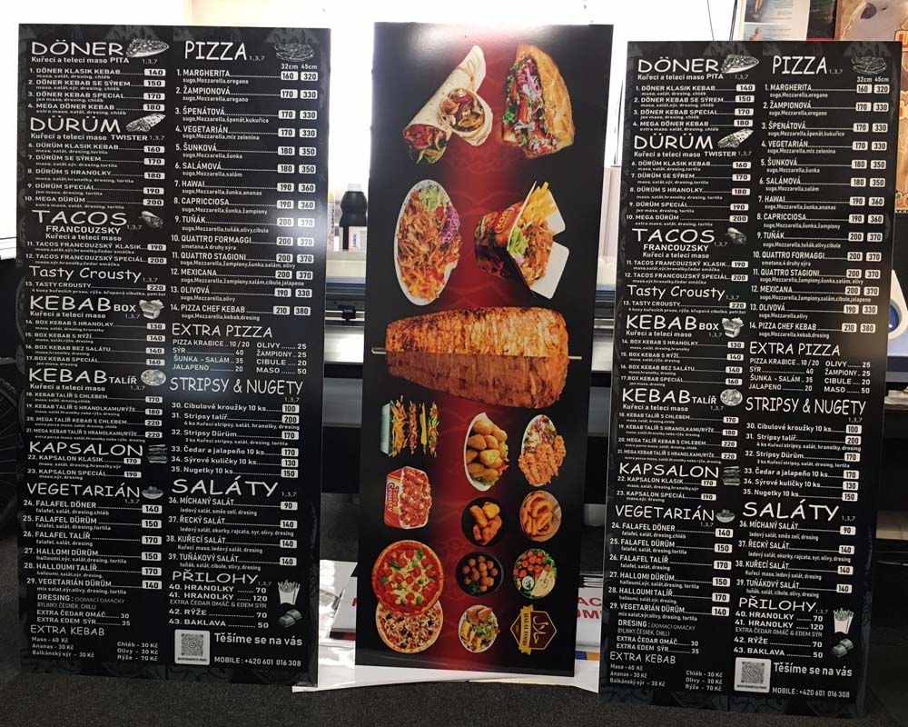 Vyrobené reklamní menu panely z dibondu pro prodejnu fastfoodu.